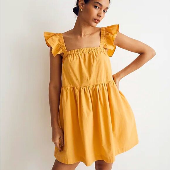 NWT Madewell Yellow Flutter Sleeve Square Neck Cotton Mini Dress - Large - Picture 1 of 9
